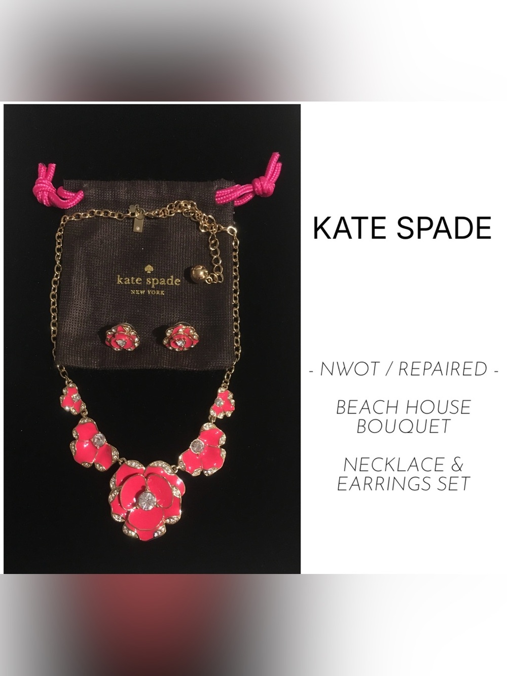 🆕KATE SPADE - NWOT/REPAIRED - PINK RED / GOLD FLORAL NECKLACE AND EARRING SET